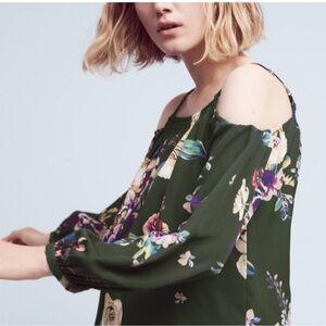 Anthropologie Maeve XS Silk Tallie Green floral cold shoulder silk top
